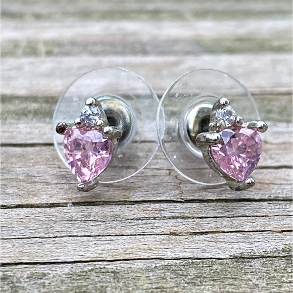 SOLD Pink Crystal Topaz heart stud earrings with white cz accent antiqued silver - Picture 9 of 9